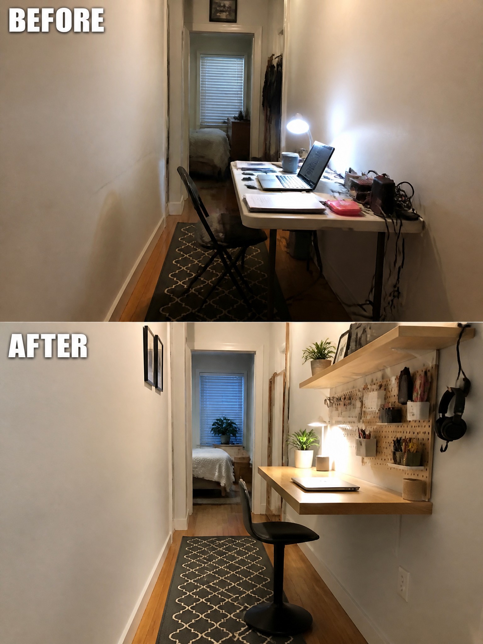Before-and-after transformation of a hallway workspace, featuring a minimal desk and plants.