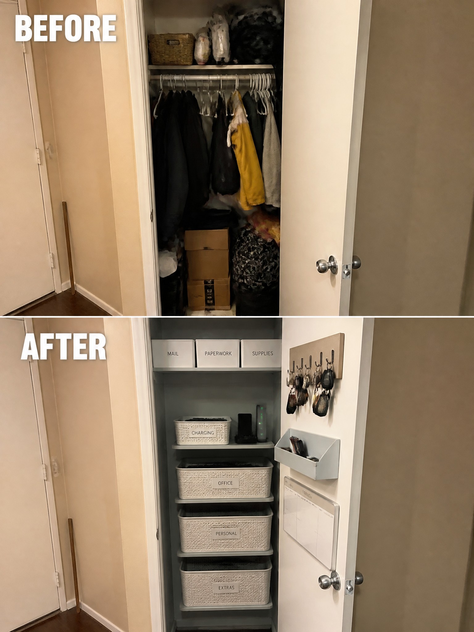 A neatly organized closet with labeled baskets, containing mail, paperwork, and supplies.