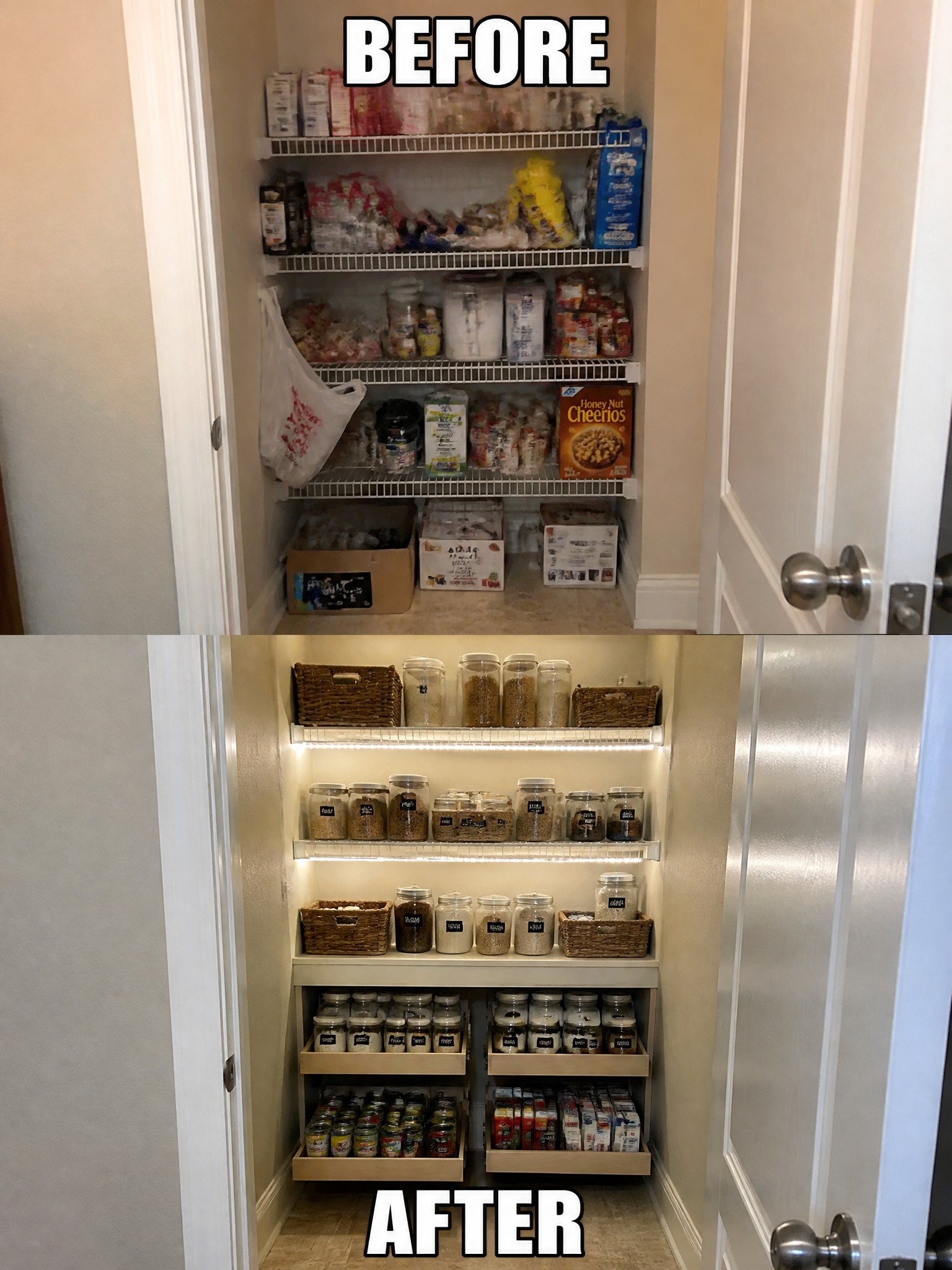 Before-and-after image of a cluttered pantry closet transformed into an organized space with glass jars, woven baskets, pull-out drawers, and under-shelf lighting.