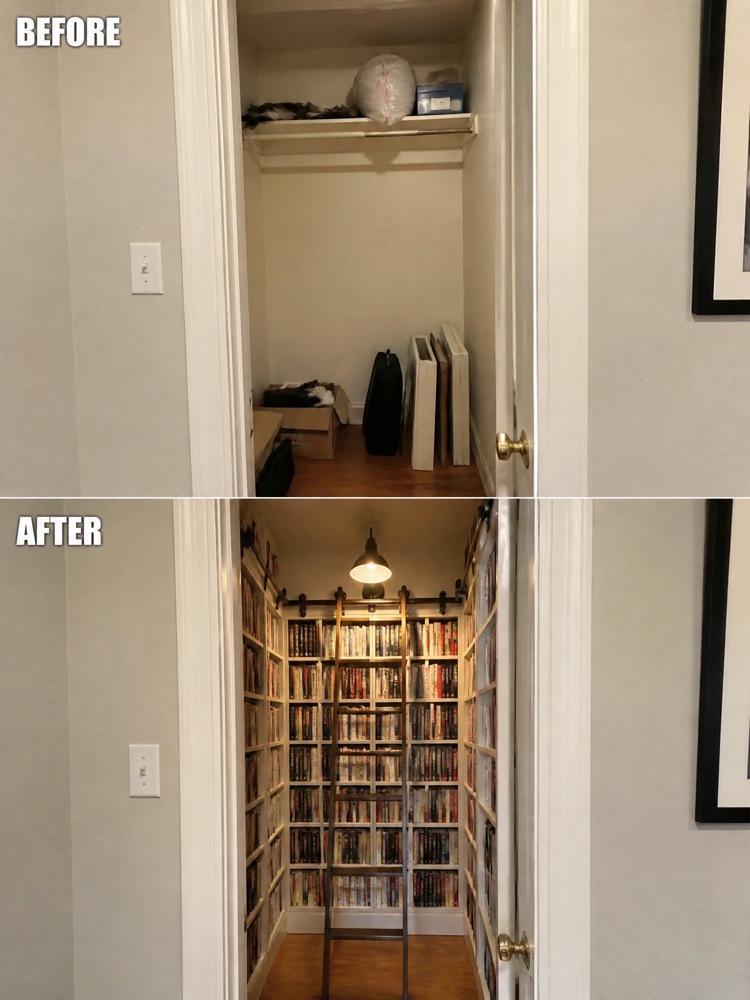 Before-and-after image of a cluttered closet transformed into a narrow library lined with bookshelves on both walls and a rolling ladder.
