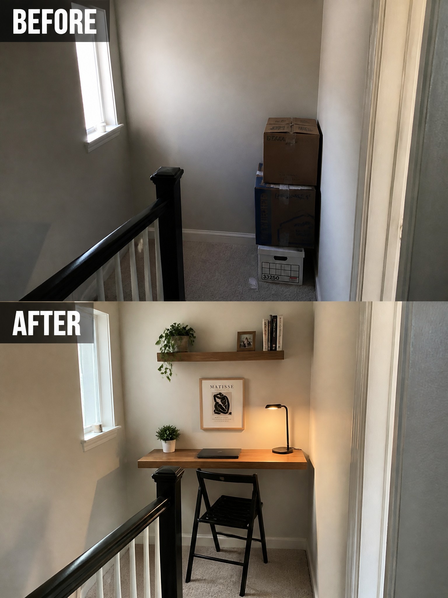 Before: cluttered hallway with boxes; After: stylish workspace with desk, lamp, and decor.