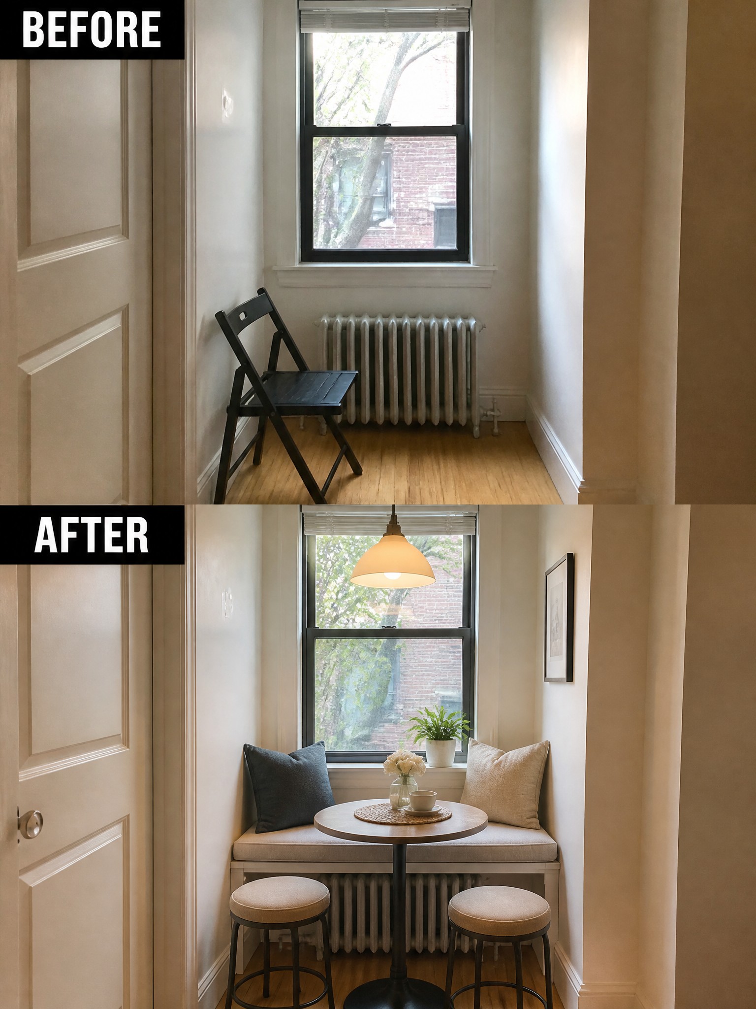 Before-and-after image of a narrow window nook changed from a single folding chair into a built-in bench with cushions, a round table, and two stools.