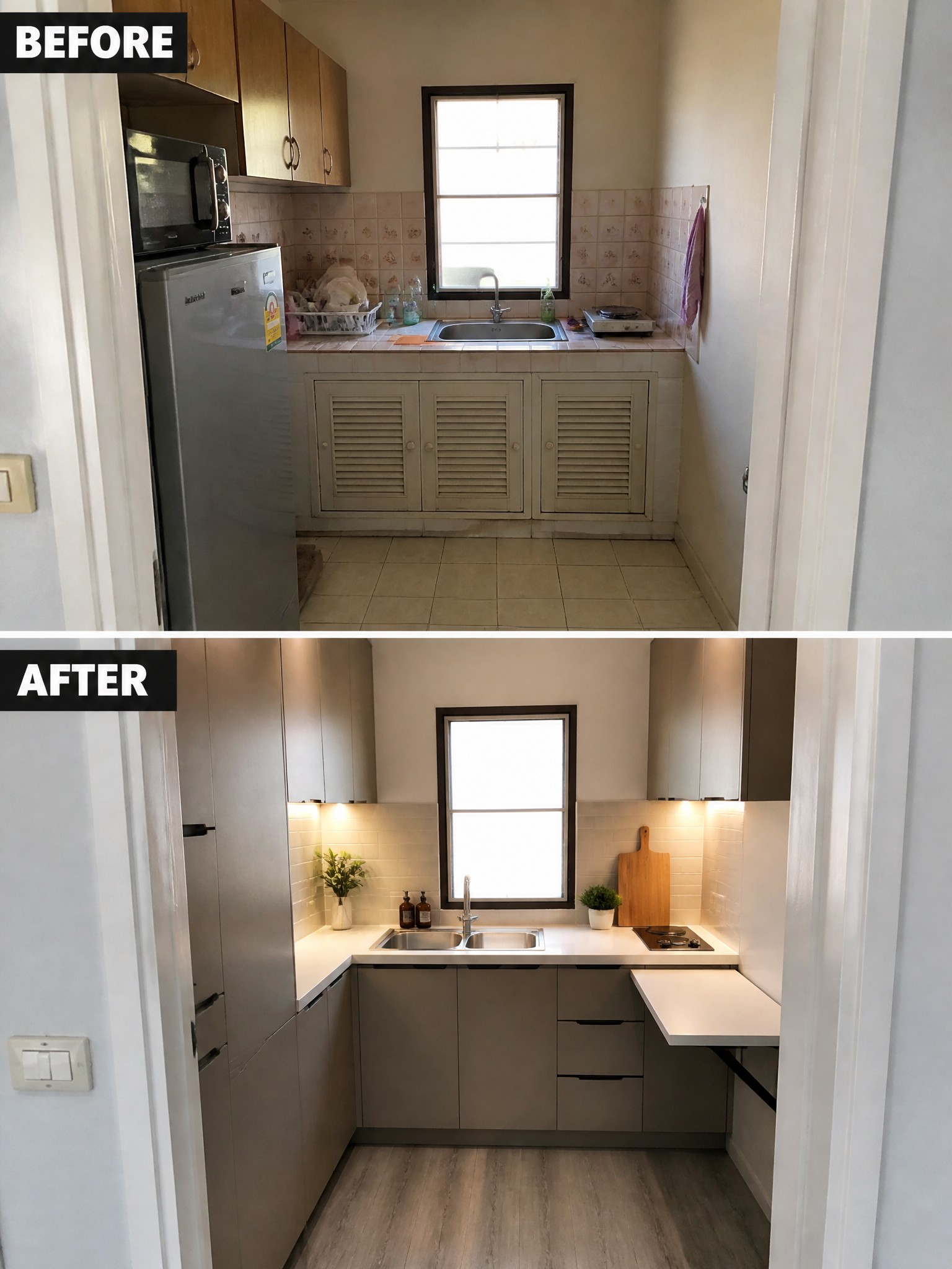 Before and after kitchen renovation showcasing modern design with sleek cabinets and updated appliances.