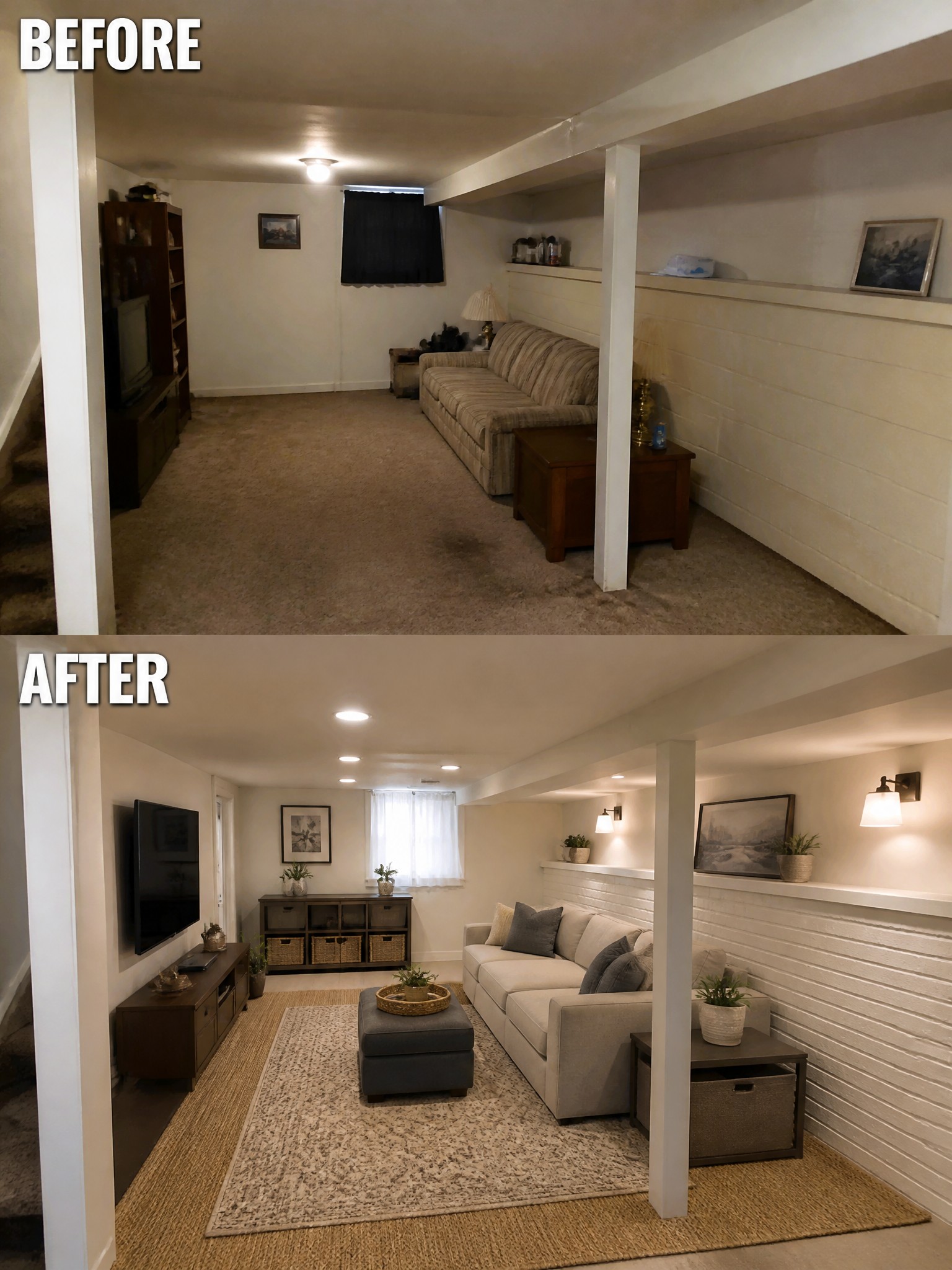 Before and after transformation of a basement, showcasing modern decor and lighting.
