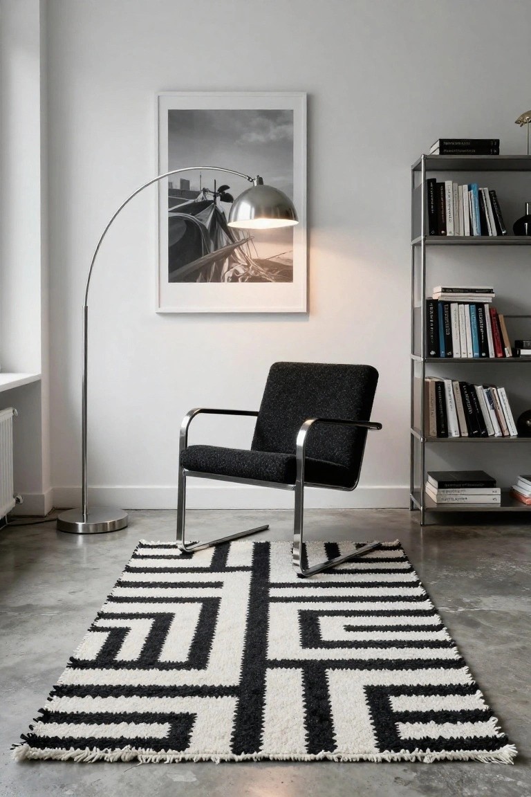 A minimalist indoor reading nook with a black fabric armchair on chrome legs positioned on a large black and white geometric patterned rug, silver arc floor lamp lit up, metal bookshelf with books, and a black and white photograph on the white wall above a concrete floor.