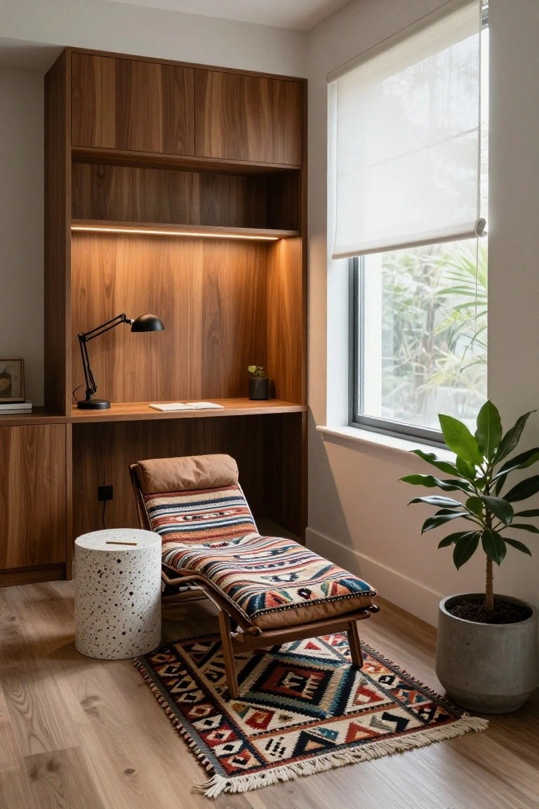 Walnut built-in desk and shelving with adjustable black lamp and notebook, leather chaise lounge on multicolored geometric patterned rug beside white speckled stool, potted plant by window with sheer roller blind.