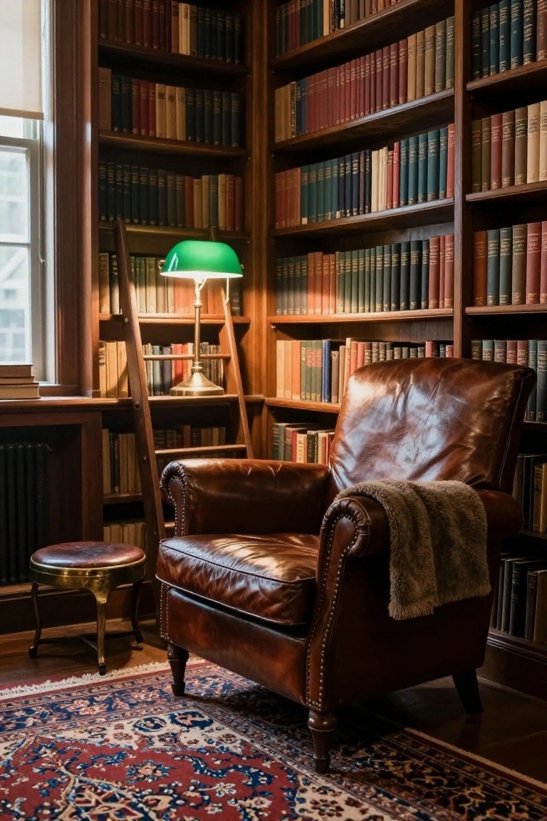Wood-paneled library corner with floor-to-ceiling bookshelves, wooden ladder, green banker's lamp on a shelf, brown leather armchair with fur throw, matching stool, and red and blue patterned Persian rug on hardwood floor.