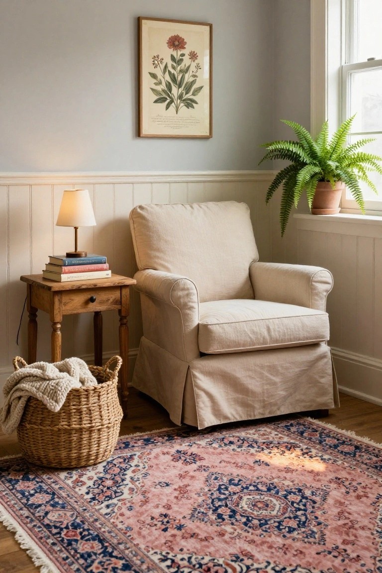 Light gray room corner with cream slipcovered armchair on pink and blue Oriental rug, wooden side table holding lamp and stacked books, fern plant in orange pot by window, wicker basket with knit blanket on wood floor.