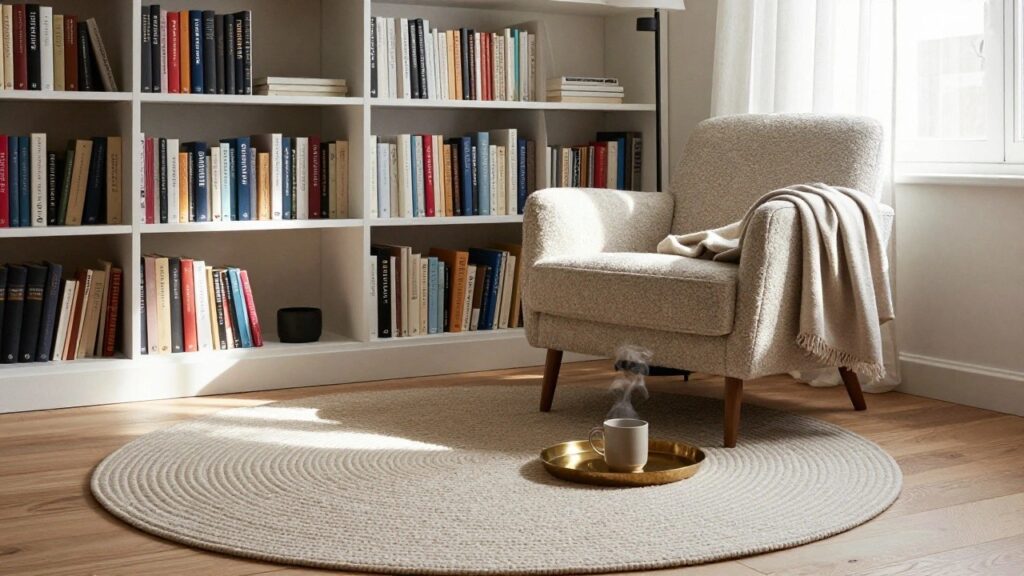 24 Relaxing Reading Nook Rug Ideas That Ground the Space Corner reading nook with cream bouclé armchair draped in a throw on a round beige seagrass rug, gold side table holding a gray mug, black floor lamp, white bookshelves filled with books, sheer window curtains, and light wood floor.