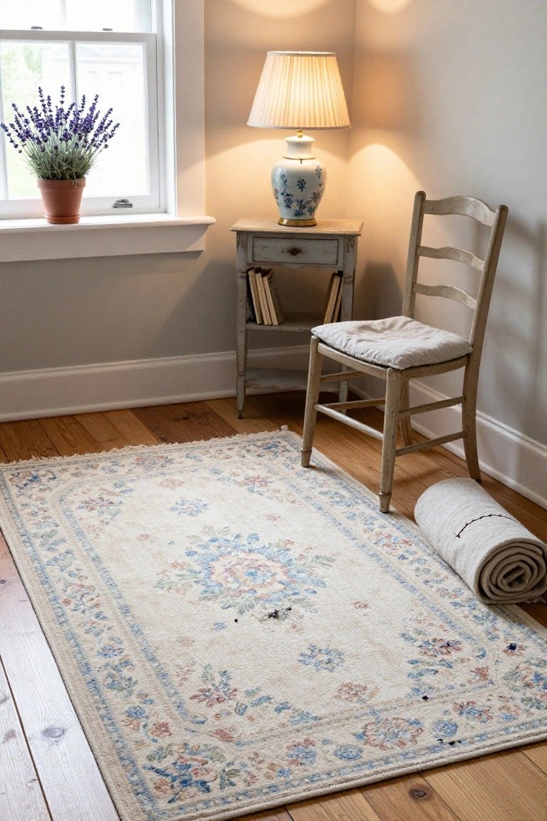 Cozy room with a floral rug, chair, lamp, and potted lavender plant.