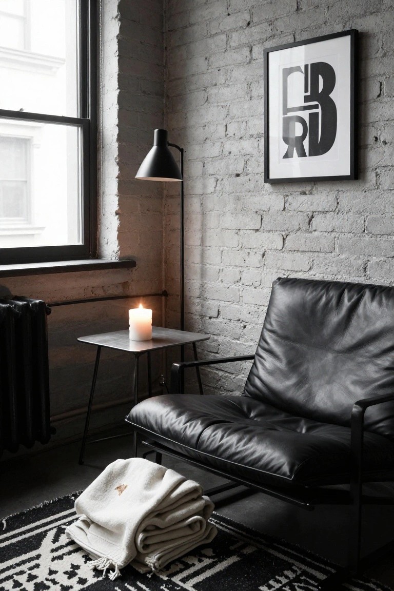 Cozy corner with a black leather chair, candle, and a patterned rug.