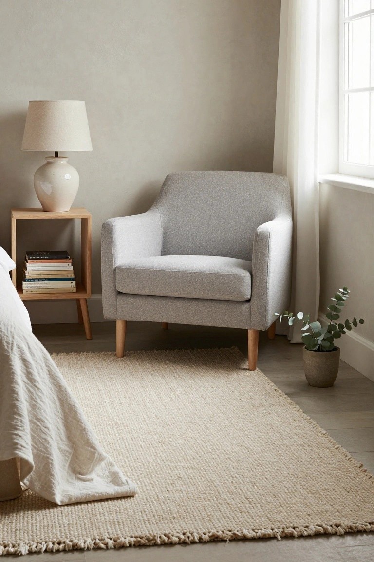Light gray armchair on a beige seagrass rug next to wooden side table with white lamp, books, and potted eucalyptus in beige bedroom corner with bed, white curtains, and window.