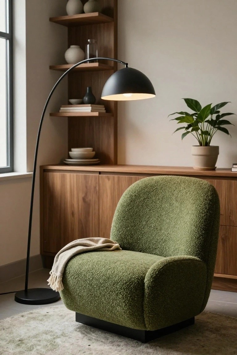 Green plush armchair with beige throw blanket on light textured rug in room corner with wooden shelves and cabinets, black arc floor lamp lit, potted plant, and window.