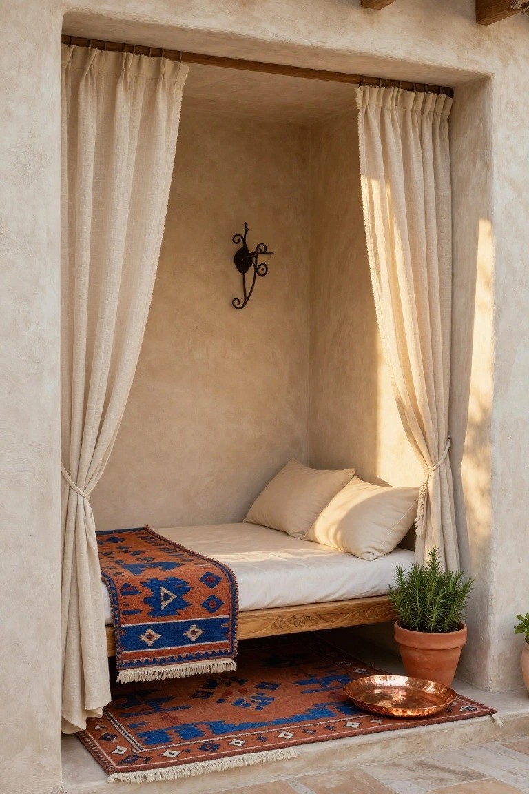 Recessed outdoor alcove with beige curtains on wooden rod framing a low wooden bed with white pillows, orange and blue patterned runner, larger matching rug on terracotta tile floor, potted rosemary plant, copper tray, and wall sconce.