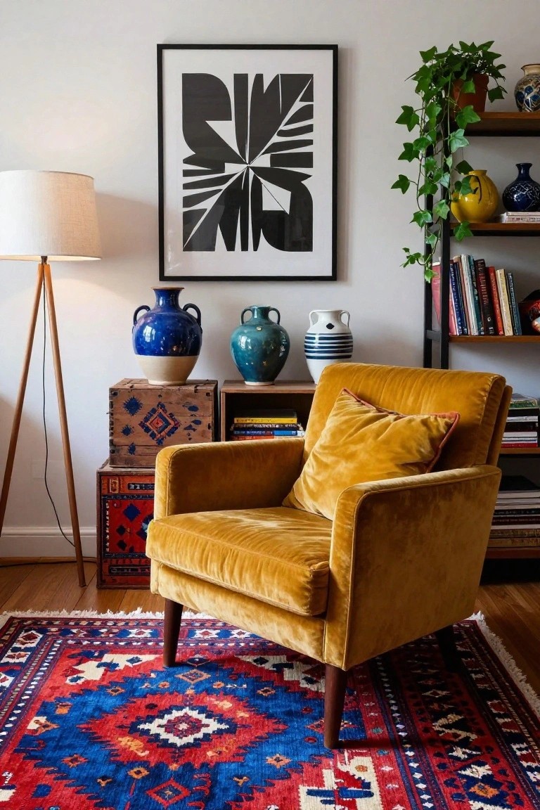 Mustard yellow velvet armchair positioned on a red blue and cream geometric patterned rug in an indoor reading nook with wooden crates blue ceramic vases bookshelves potted ivy and abstract black wall art.