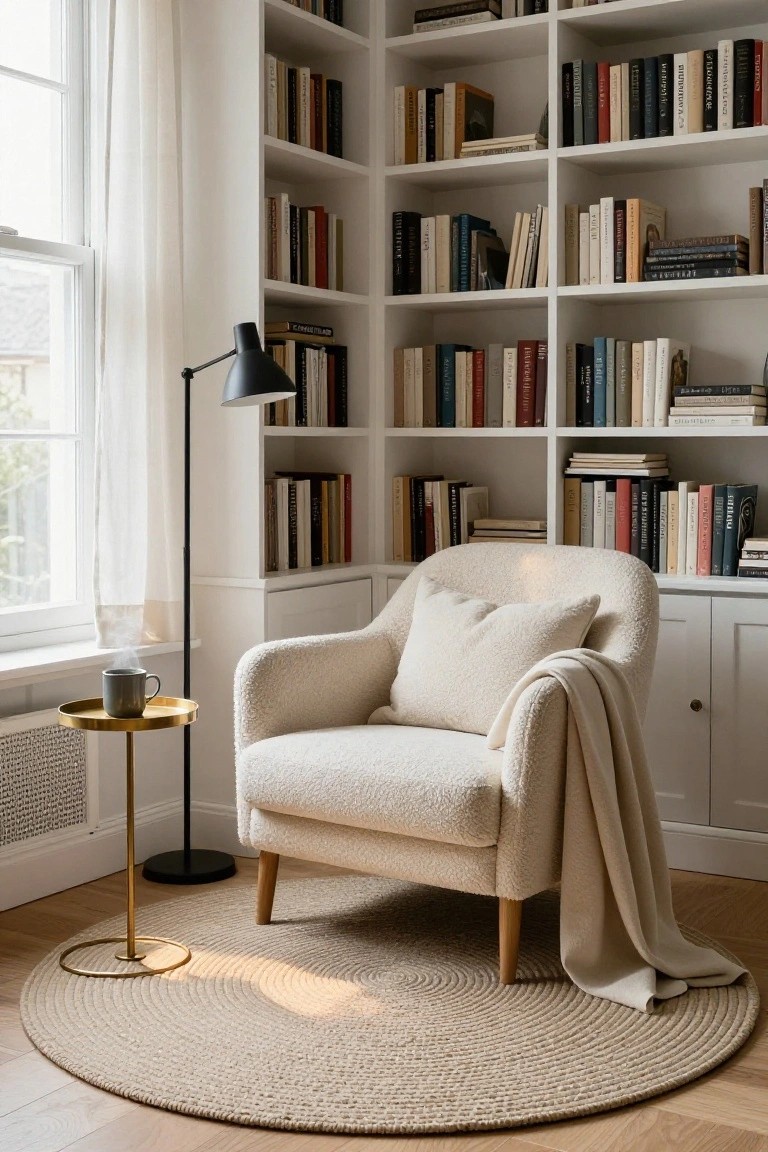 Corner reading nook with cream bouclé armchair draped in a throw on a round beige seagrass rug, gold side table holding a gray mug, black floor lamp, white bookshelves filled with books, sheer window curtains, and light wood floor.