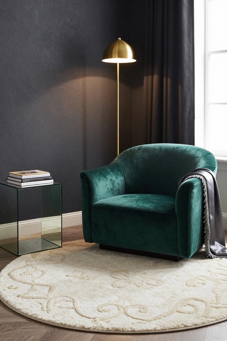 Dark corner room with emerald green velvet armchair on round cream rug with subtle patterns, glass side table holding stacked books, gold floor lamp, black curtains, and wood floor.