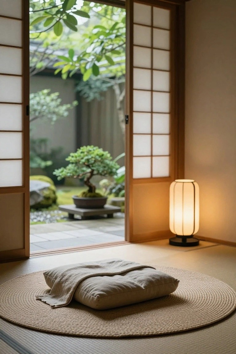 Tatami-matted room with sliding shoji doors open to a small zen garden containing bonsai tree, rocks, and plants, a round beige woven rug with beige cushion on the floor, and tall cylindrical paper lamp nearby.