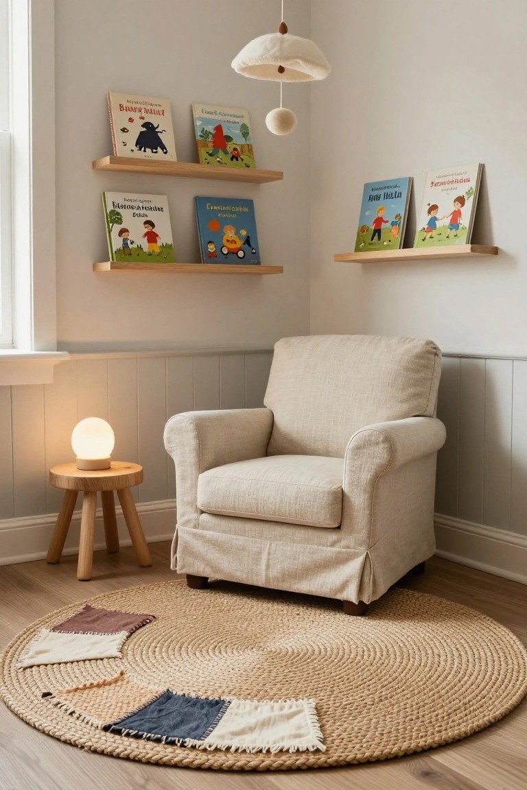 A cozy indoor reading nook corner with light walls, wooden shelves holding colorful children's books, a beige armchair, wooden stool with white globe lamp, and a round tan seagrass rug featuring multicolored fabric patchwork edges.