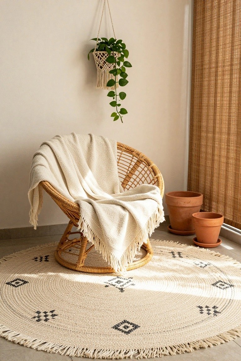 Rattan egg chair with white knit throw on a large circular cream woven rug featuring black geometric diamond motifs and fringe edges, in a light room with hanging plant, two terracotta pots, and bamboo blinds.