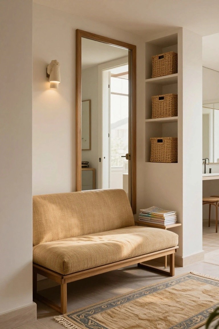 Tan fabric bench with wooden legs on a beige fringed rug with blue patterns, in a white room beside a tall wooden mirror, wicker basket shelves, wall sconce, and open door to bathroom.