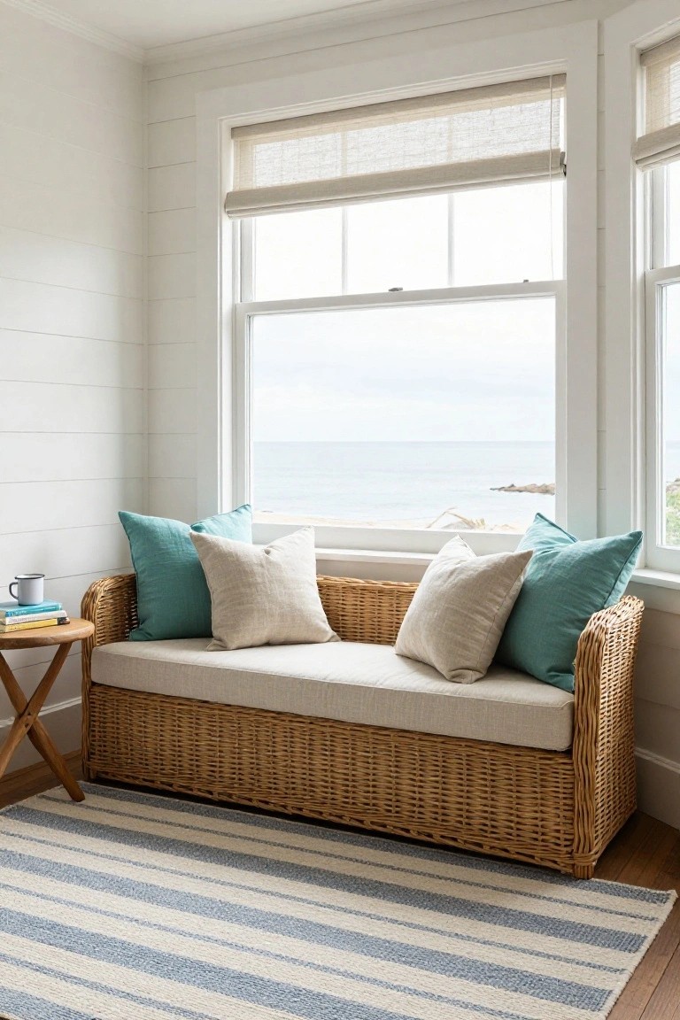 White shiplap-walled room with wicker window seat bench holding teal and cream pillows, small wooden table with books and mug, blue-and-white striped rug on floor, large windows overlooking gray ocean and rocks.