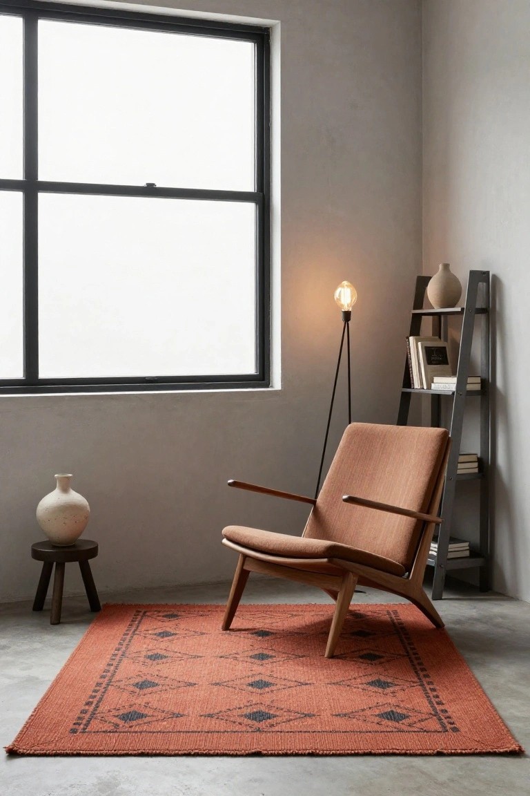 Orange mid-century armchair on terracotta rug with black geometric diamond patterns in minimalist room corner with black ladder shelf holding books and vase, floor lamp, stool, and large black-framed window.