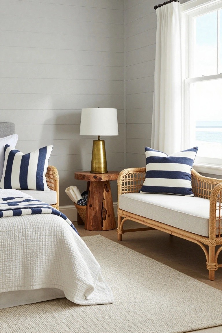 Bedroom corner with gray shiplap walls, bed draped in white quilt and navy striped bedding, rattan bench piled with matching striped pillows, brass lamp on wood pedestal table, pale textured rug on hardwood floor, window with white curtains showing ocean view.