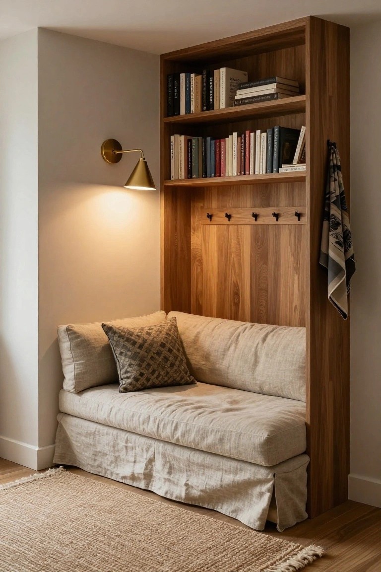 Built-in wooden bookcase with shelves of books, wall-mounted brass sconce lamp, coat hooks with scarf, integrated linen-upholstered bench with pillows, and fringed seagrass rug on oak hardwood floor against beige wall.
