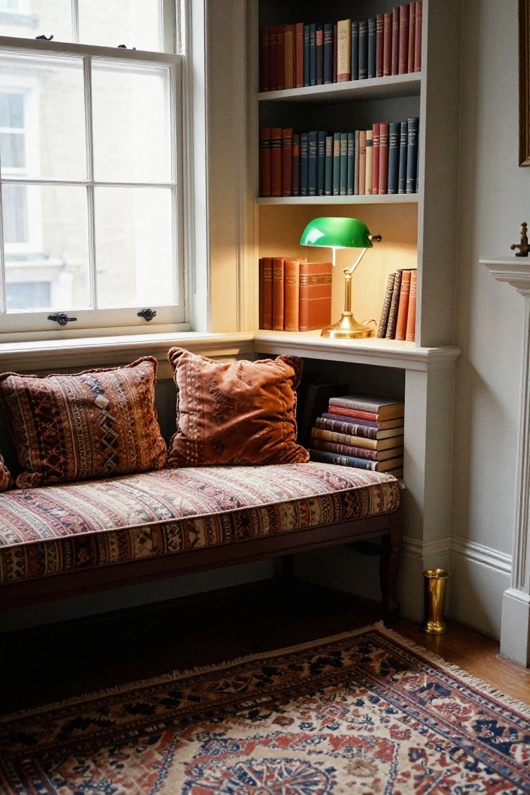 Cozy indoor reading nook with a cushioned bench under a window, flanked by bookshelves, a green banker's lamp, stacked books, and a multicolored patterned rug on wooden floors.