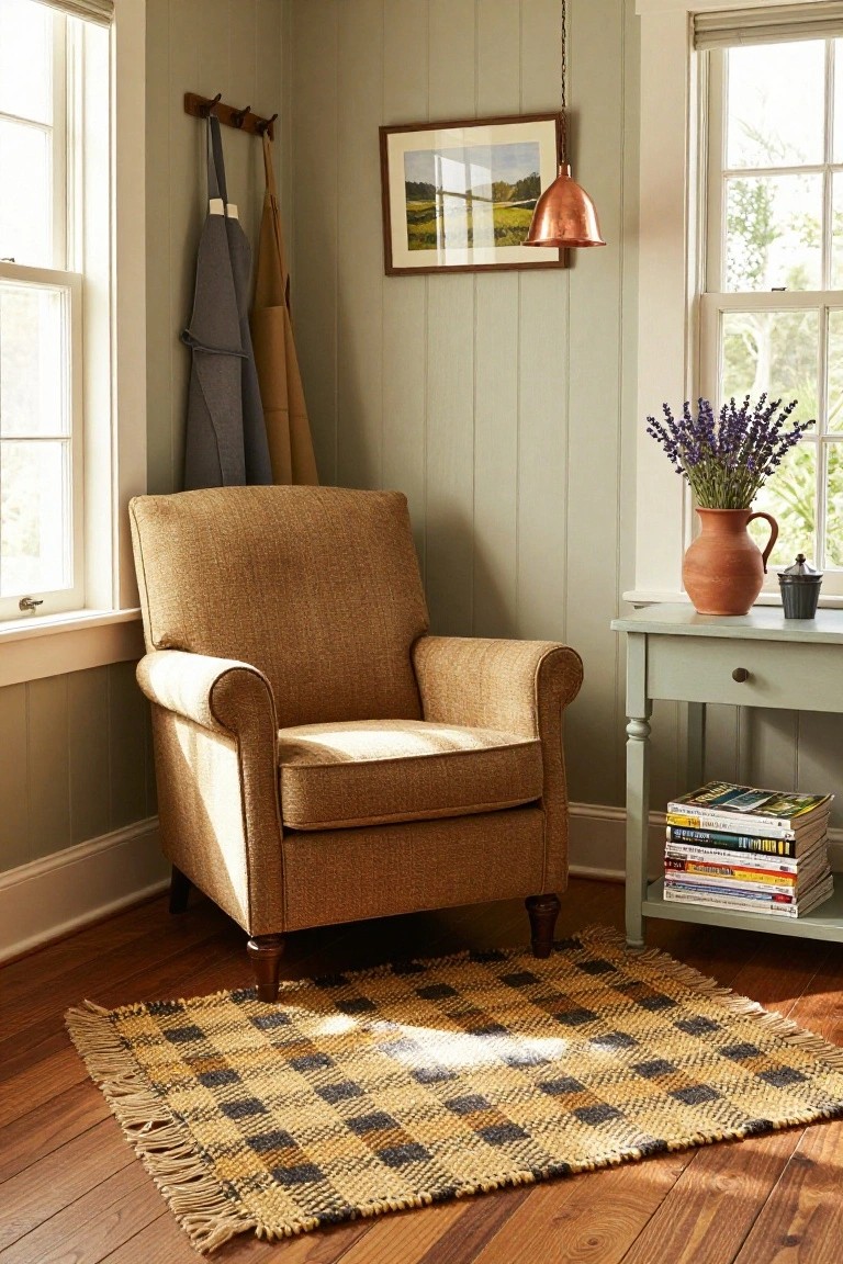 Tan upholstered armchair in a corner of a pale green paneled room on a black and beige checkered woven rug with fringe, beside a small green side table with stacked magazines, books, a terracotta vase of lavender, and a candle on hardwood floors near two windows.