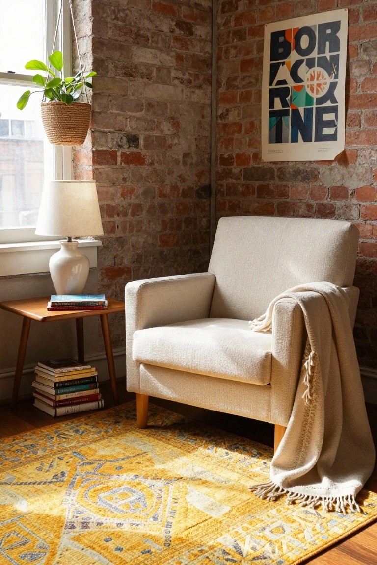 Exposed brick corner of a room with a cream fabric armchair draped in a light throw, wooden side table holding stacked books and a white ceramic lamp, large yellow patterned rug on the floor, hanging basket plant by the window, and abstract poster on the wall.