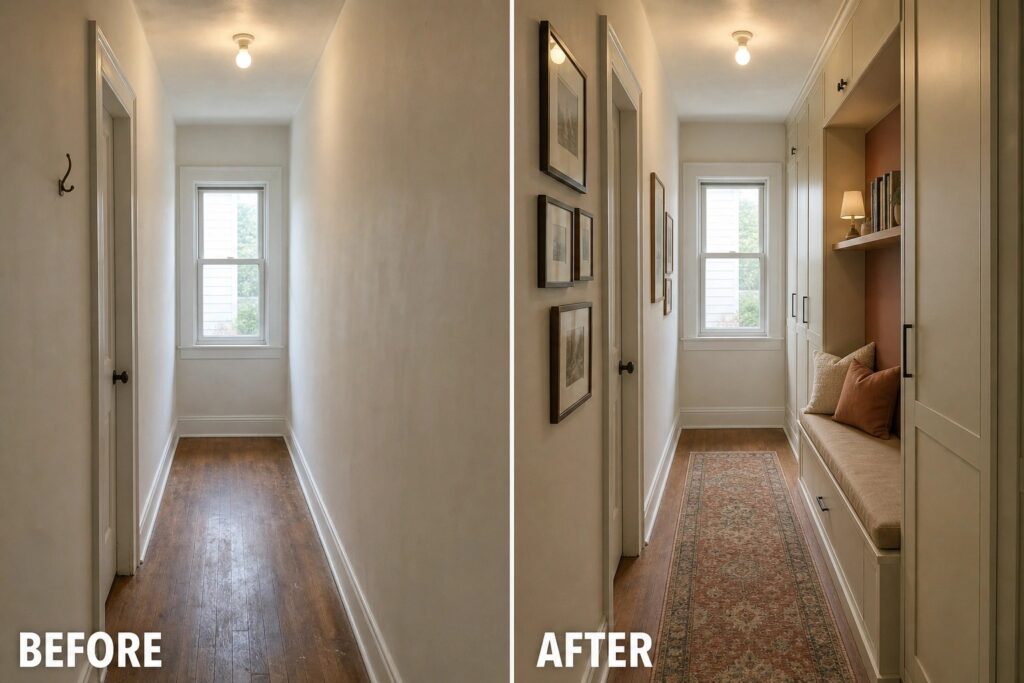 24 Smart Room Makeover Ideas for Awkward Spaces That Need A Clear Purpose Before-and-after image of a narrow empty hallway transformed with built-in cabinets, a cushioned bench, wall art, and a runner rug.