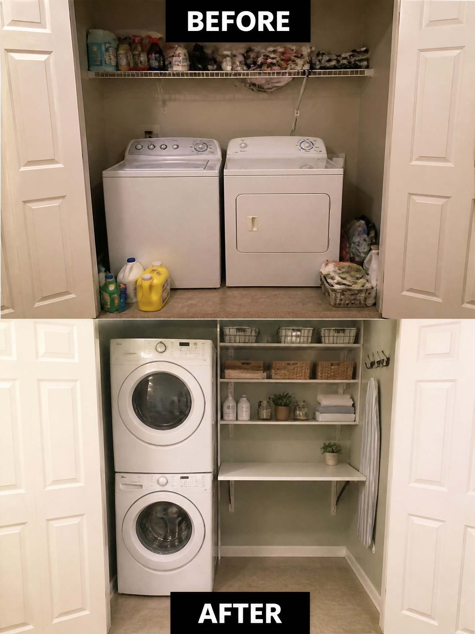 Laundry room transformation: cluttered setup changed to organized washer, dryer, and shelves.
