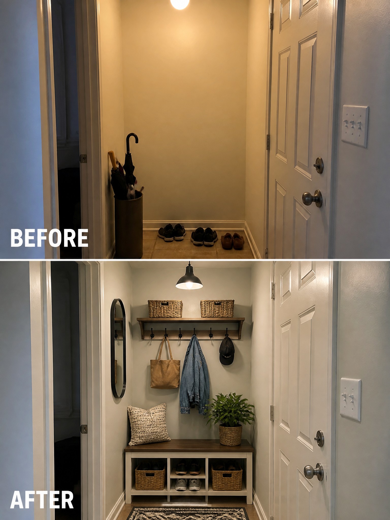 Before and after transformation of a hallway, featuring organization shelves, baskets, and decor.