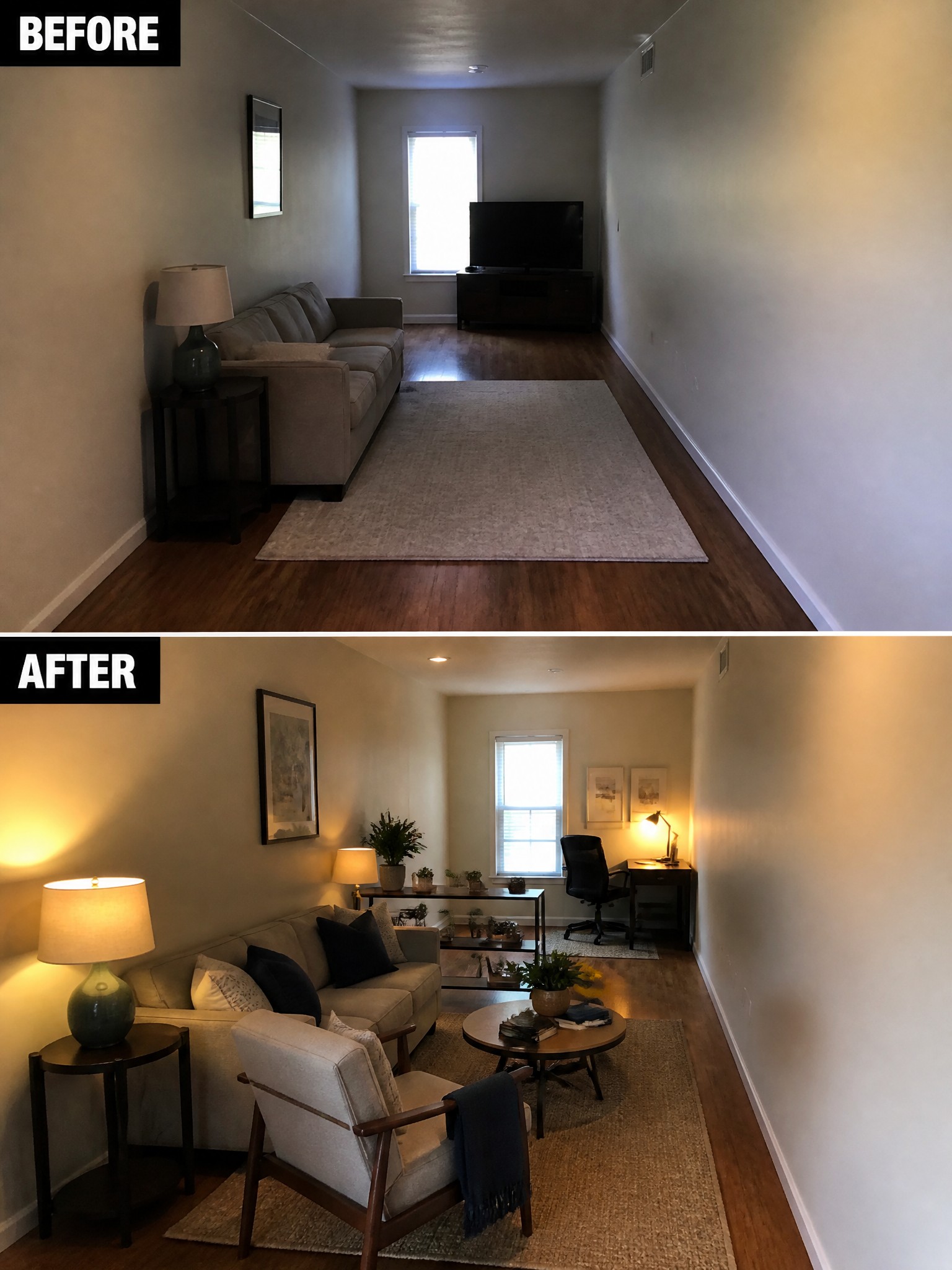 Before-and-after image of a long narrow living room changed by rearranging furniture into defined seating zones with added lamps and accessories.