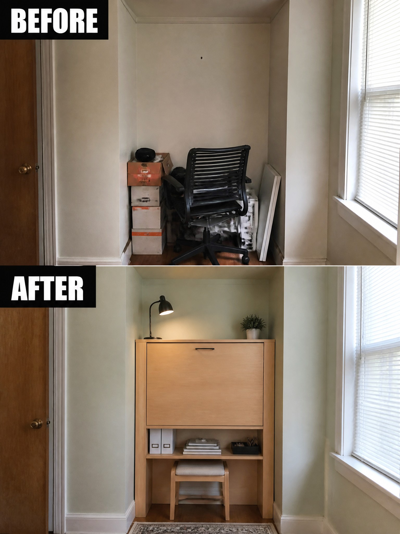 Before-and-after image of a cluttered closet space transformed into an organized workspace with a built-in desk unit and storage.