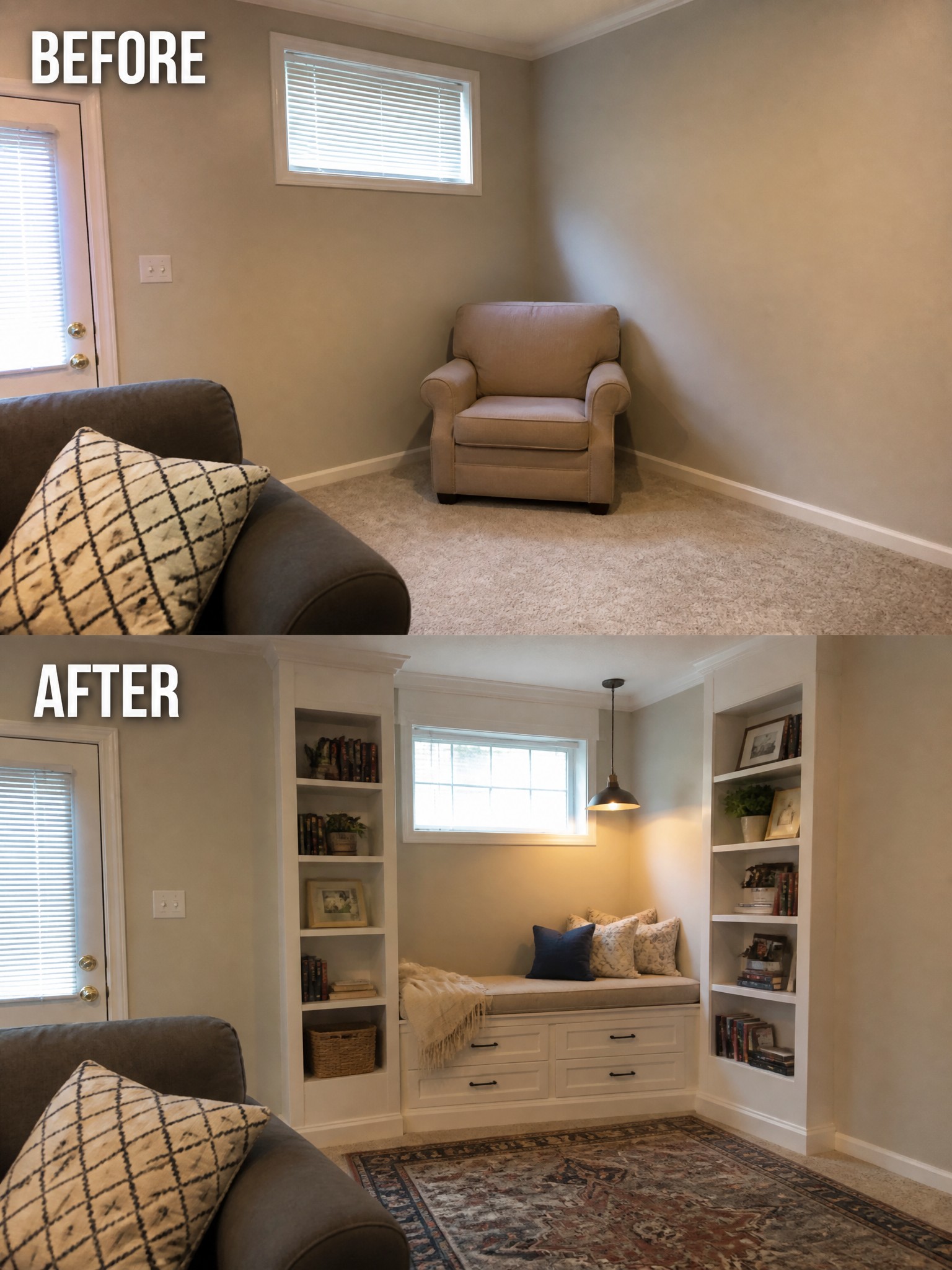 Transformed room featuring a cozy reading nook, bookshelves, and a stylish rug.