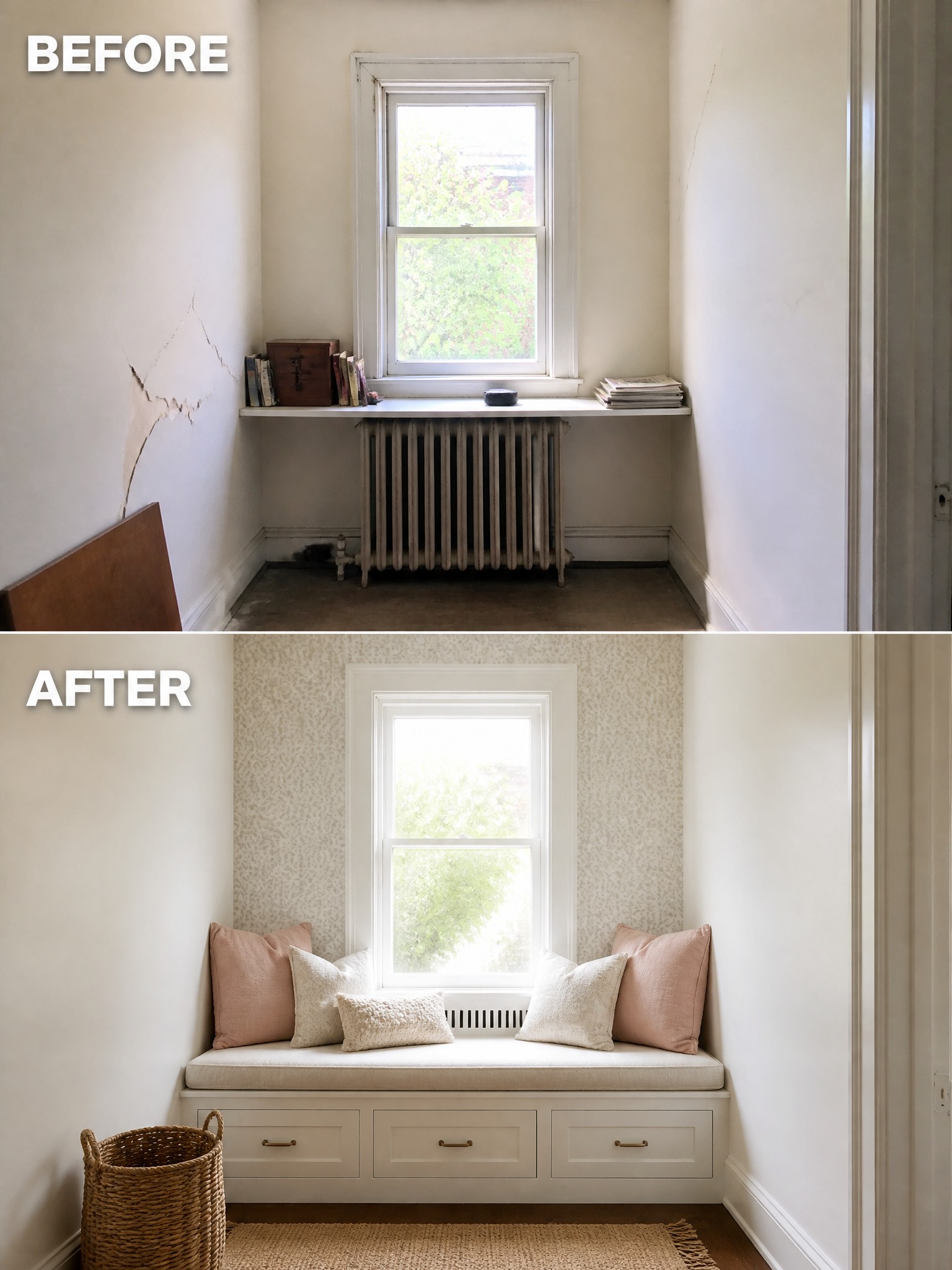 Before: bare wall with books and radiator; After: cozy nook with cushions and storage.