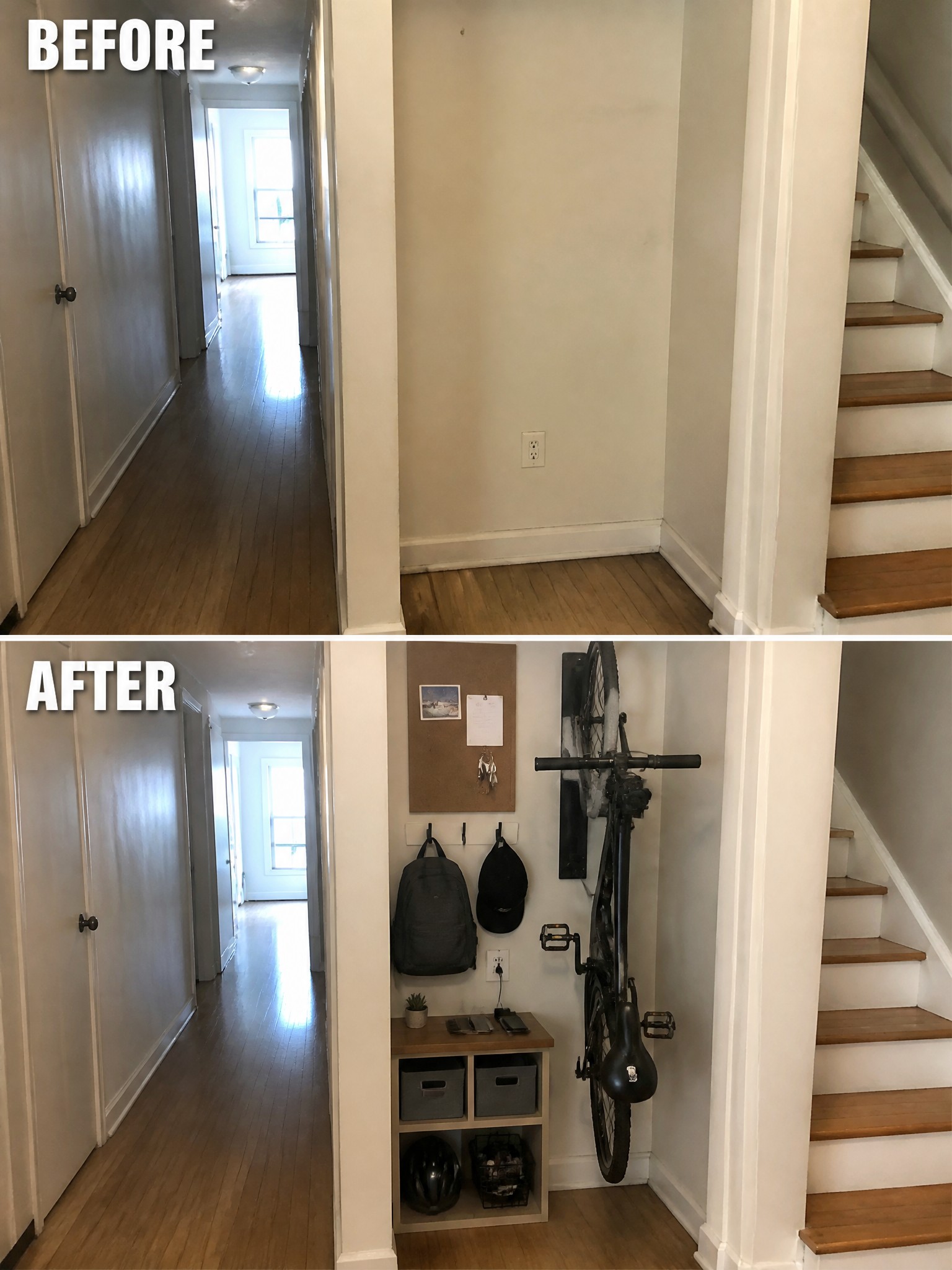 Hallway transformation with organized storage, wall-mounted bike, and hanging bags.