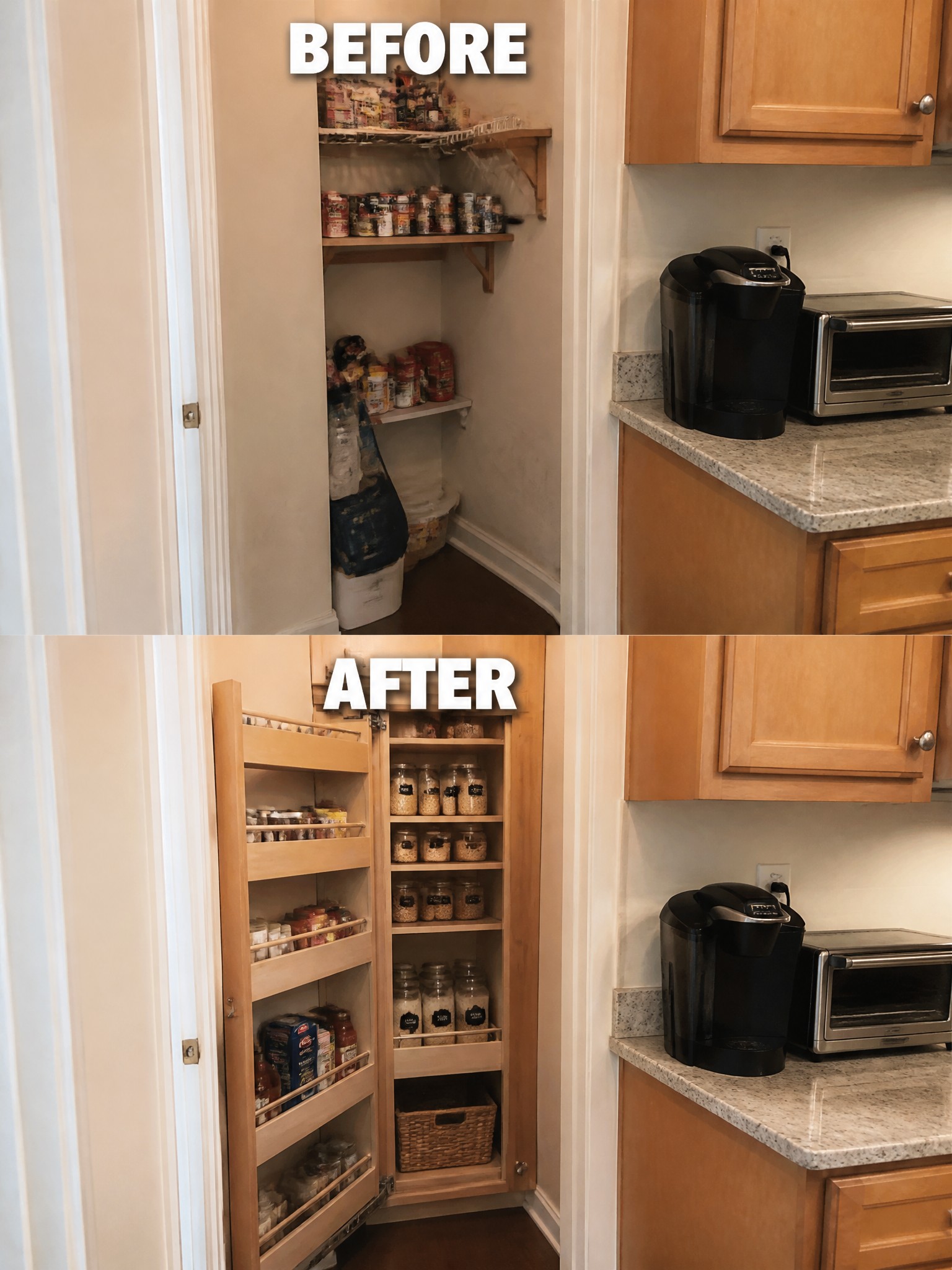 Before-and-after pantry transformation; cluttered shelves replaced with organized jars and containers.