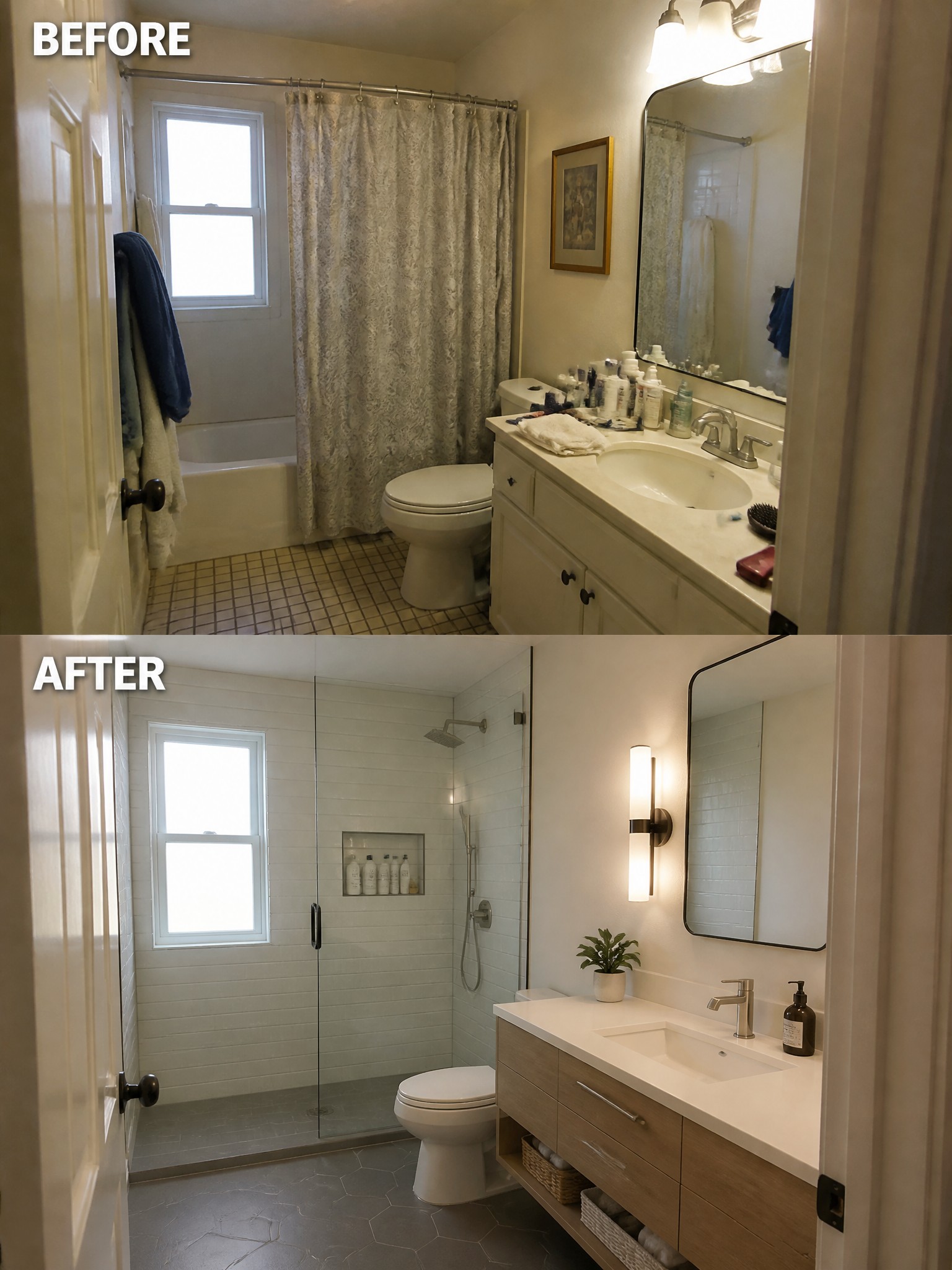 Before and after bathroom remodel contrasting dated features with a modern, sleek design.