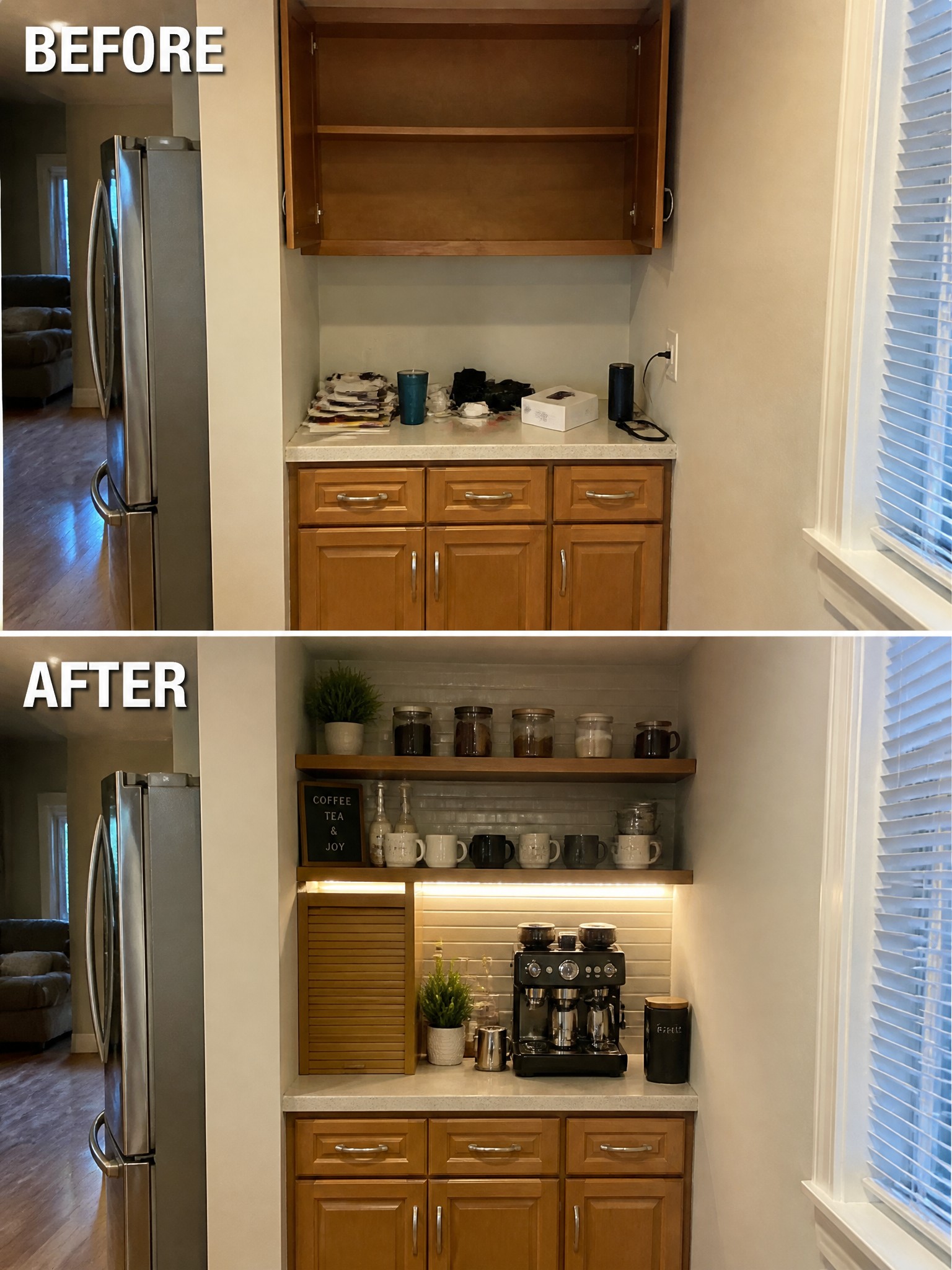 Before-and-after image of a cluttered kitchen counter area changed into an organized coffee station with open shelves and under-shelf lighting.