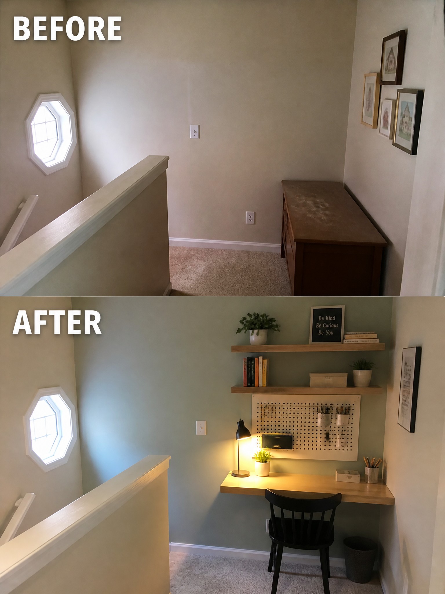 Transformed hallway with a desk, lamp, plants, and a calm green wall color.