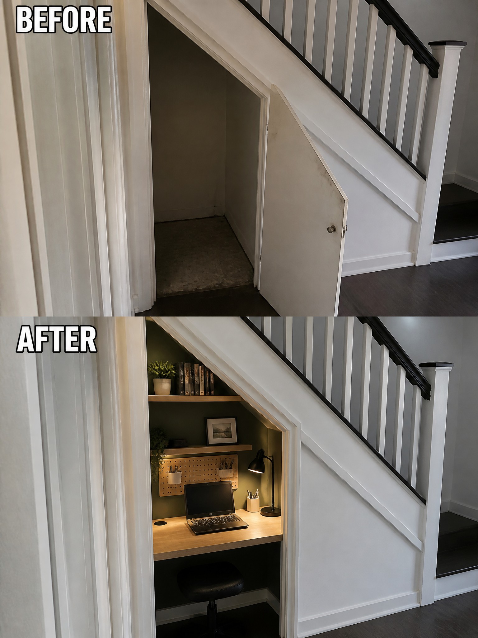 Before and after transformation of a closet under stairs into a stylish workspace.