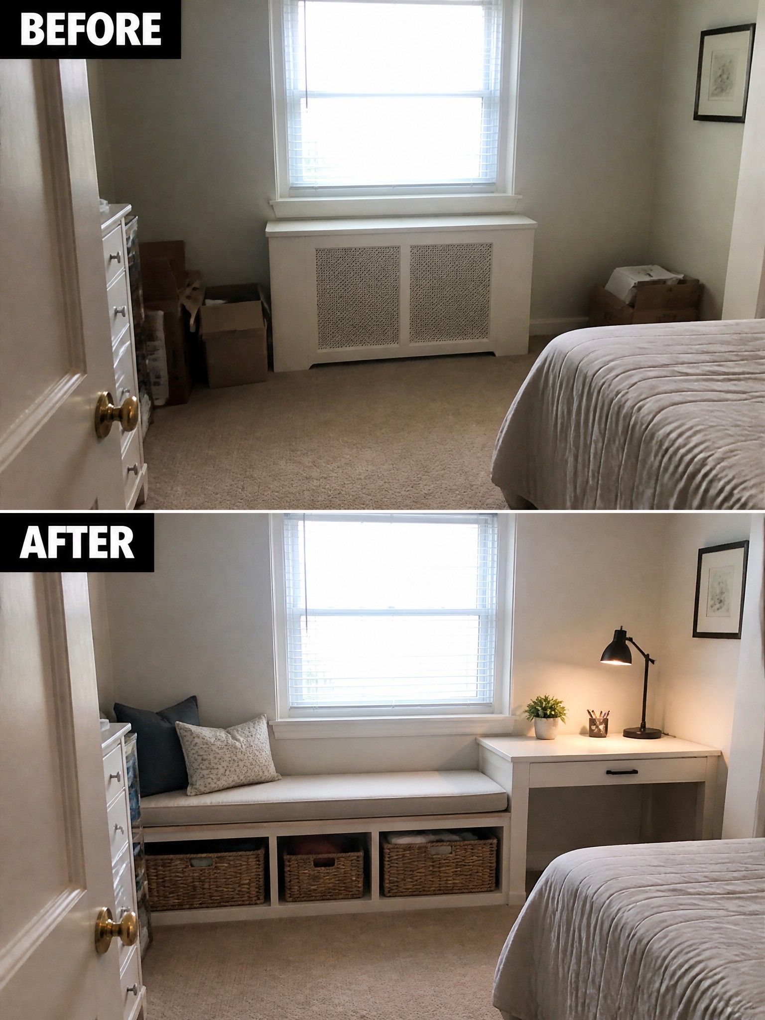 Transformed bedroom corner with a cozy bench, desk, and storage baskets, brightened and organized.