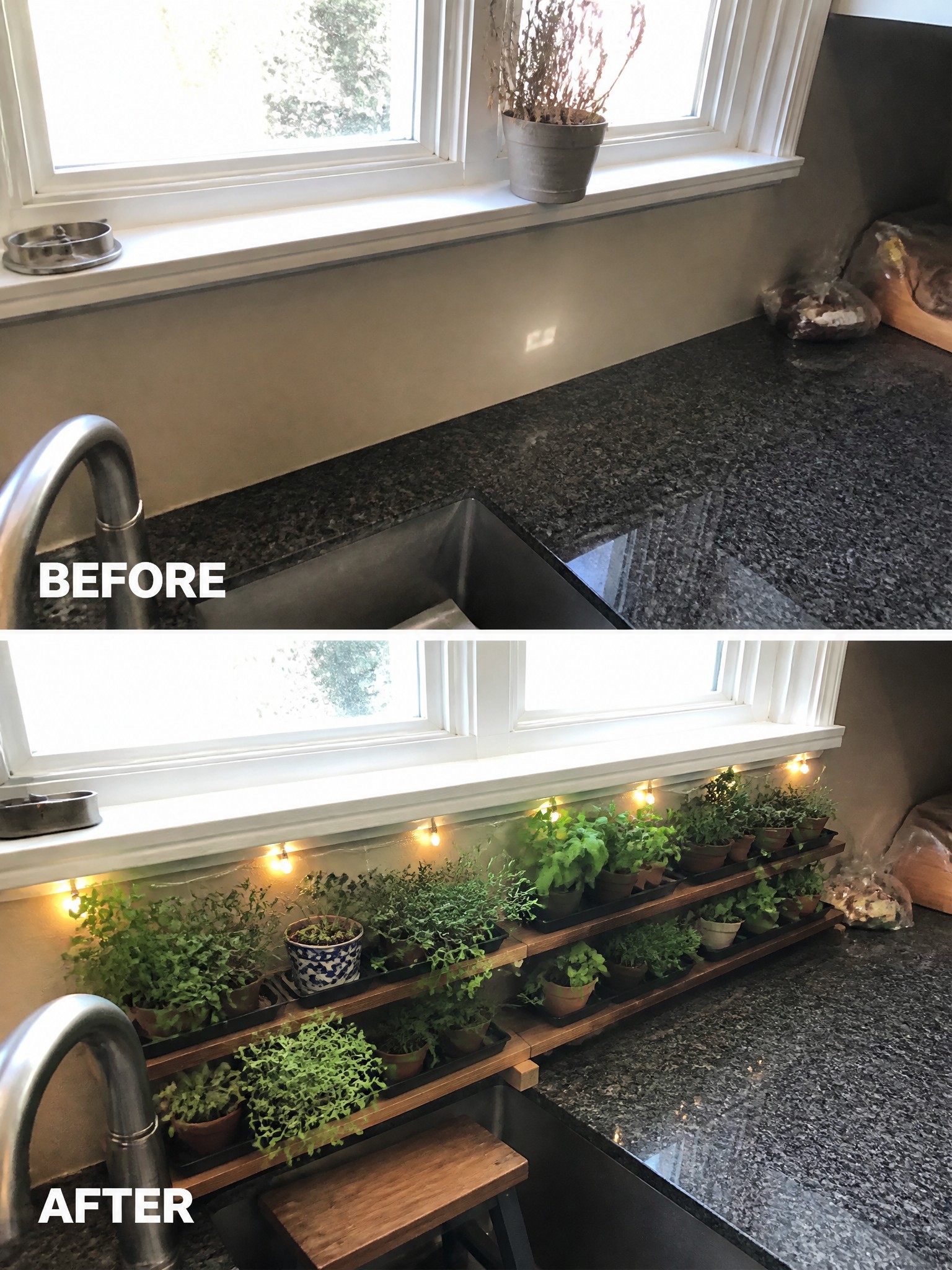 Before and after kitchen window views; first plain, second with vibrant potted herbs and lights.