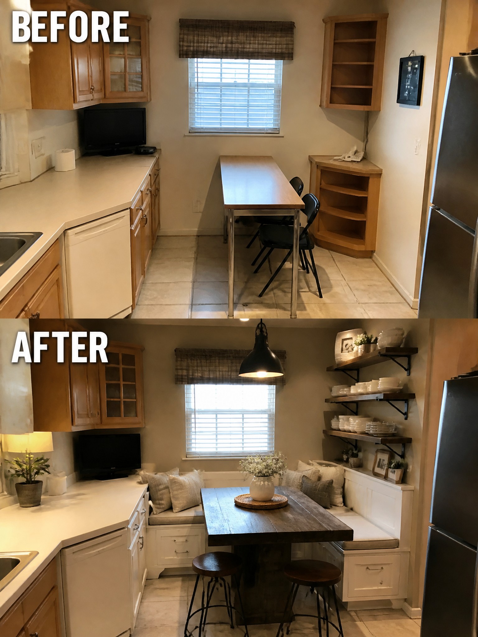 Before-and-after image of a kitchen dining area changed from a standalone table with chairs to a built-in banquette with open shelving and a wooden table.