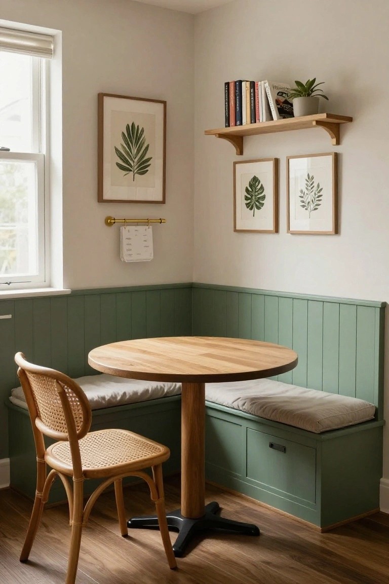 Corner dining nook with sage green built-in bench seat and storage drawer, round wooden table, rattan chair, leaf art on walls, floating oak shelf with books and potted plant, near a white-framed window.
