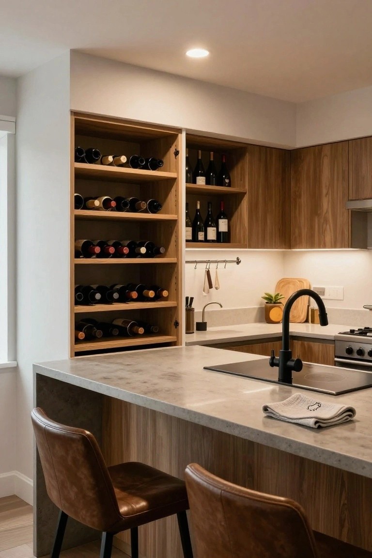 Contemporary kitchen with tall open wooden wine rack integrated into oak cabinetry holding multiple wine bottles, quartz island countertop with two brown leather bar stools, black matte faucet, potted plant, and wood veneer upper cabinets.